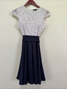CBR White Lace Top Navy Midi Fit-and-Flare Dress